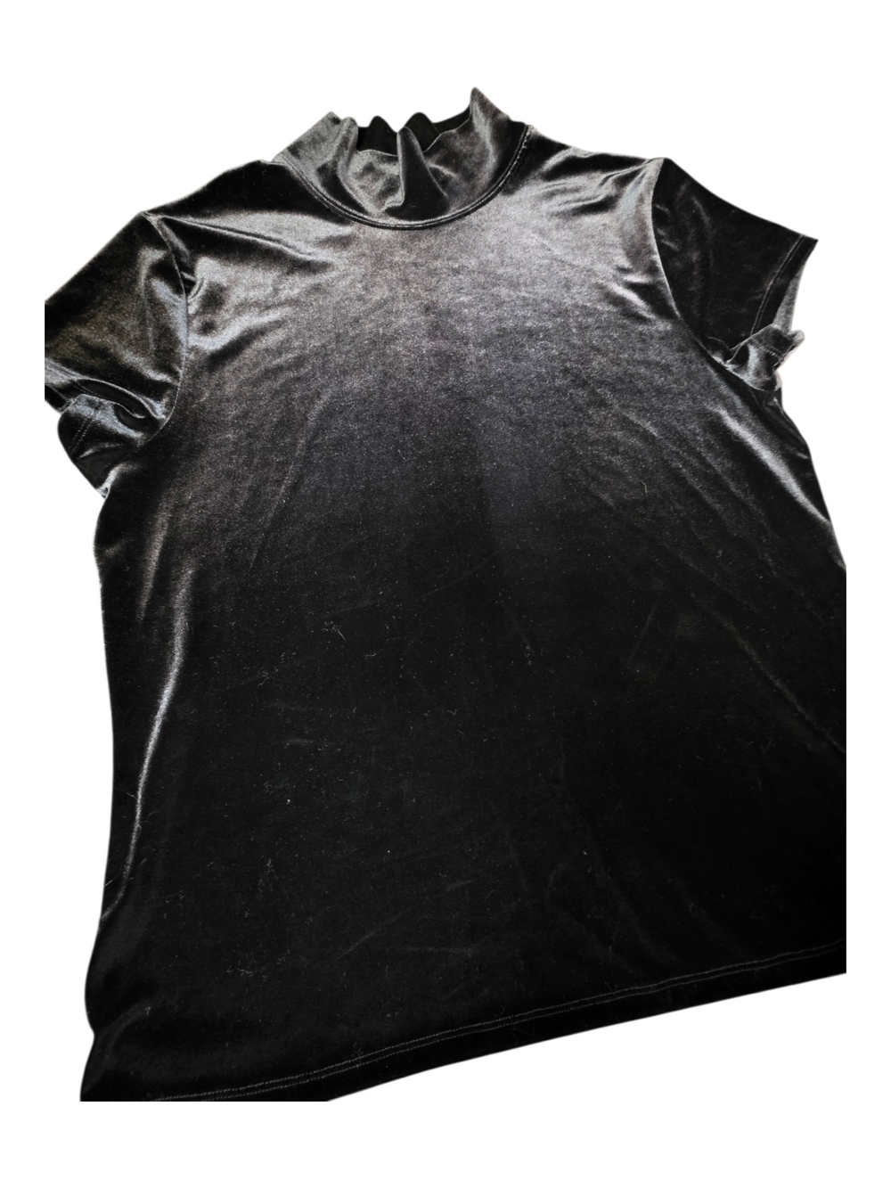 Coldwater Creek Black Velvet Mock Neck Top Short Sleeve Large Plush Stretch